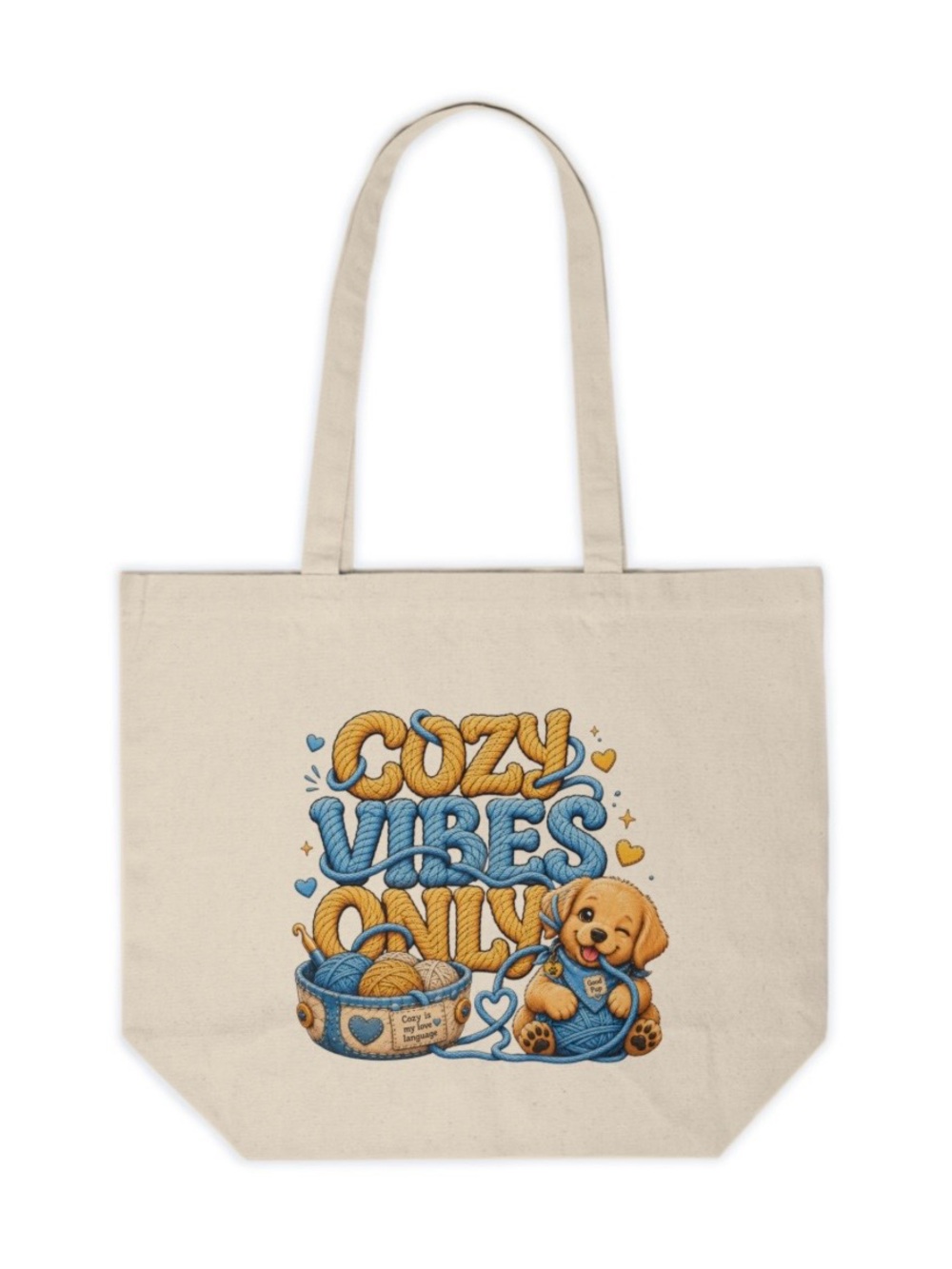Handmade “Cozy Vibes Only” Canvas Tote Bag | Cute Puppy & Yarn Graphic Bag